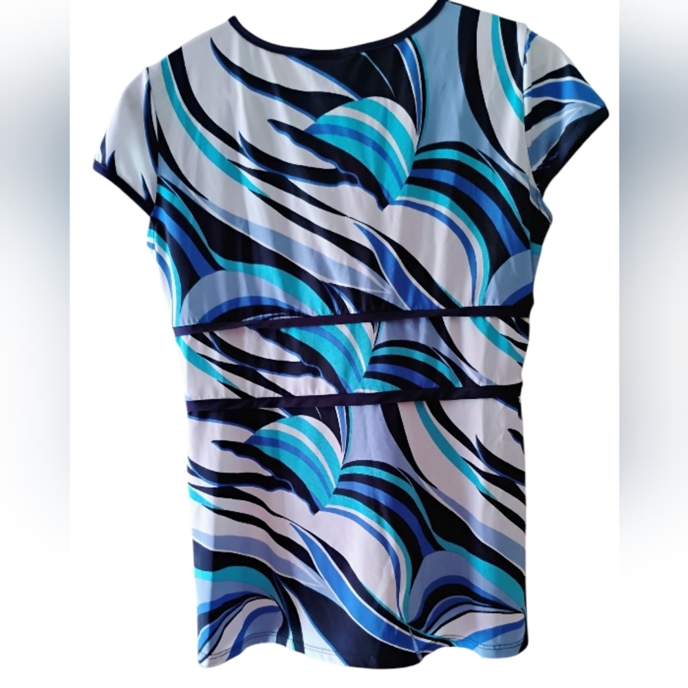 Travel Smith Blue Wrap Blouse with Ruche Waist and Cap Sleeves Sz SP - Picture 2 of 3